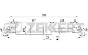 Пружина газовая багажника Zekkert-GF1159 710N 28mm 10mm 690mm 255mm rear VW Transporter TIV 1990>