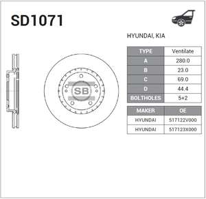 Диск тормозной передний d=280x23 15inch HO=69 H=44.4 PCD=5x114.3 HYUNDAI i30 II/Elantra VI 2015-> MD/AD Sangsin-SD1071= Hyundai-517122V000= Hyundai-517123X000